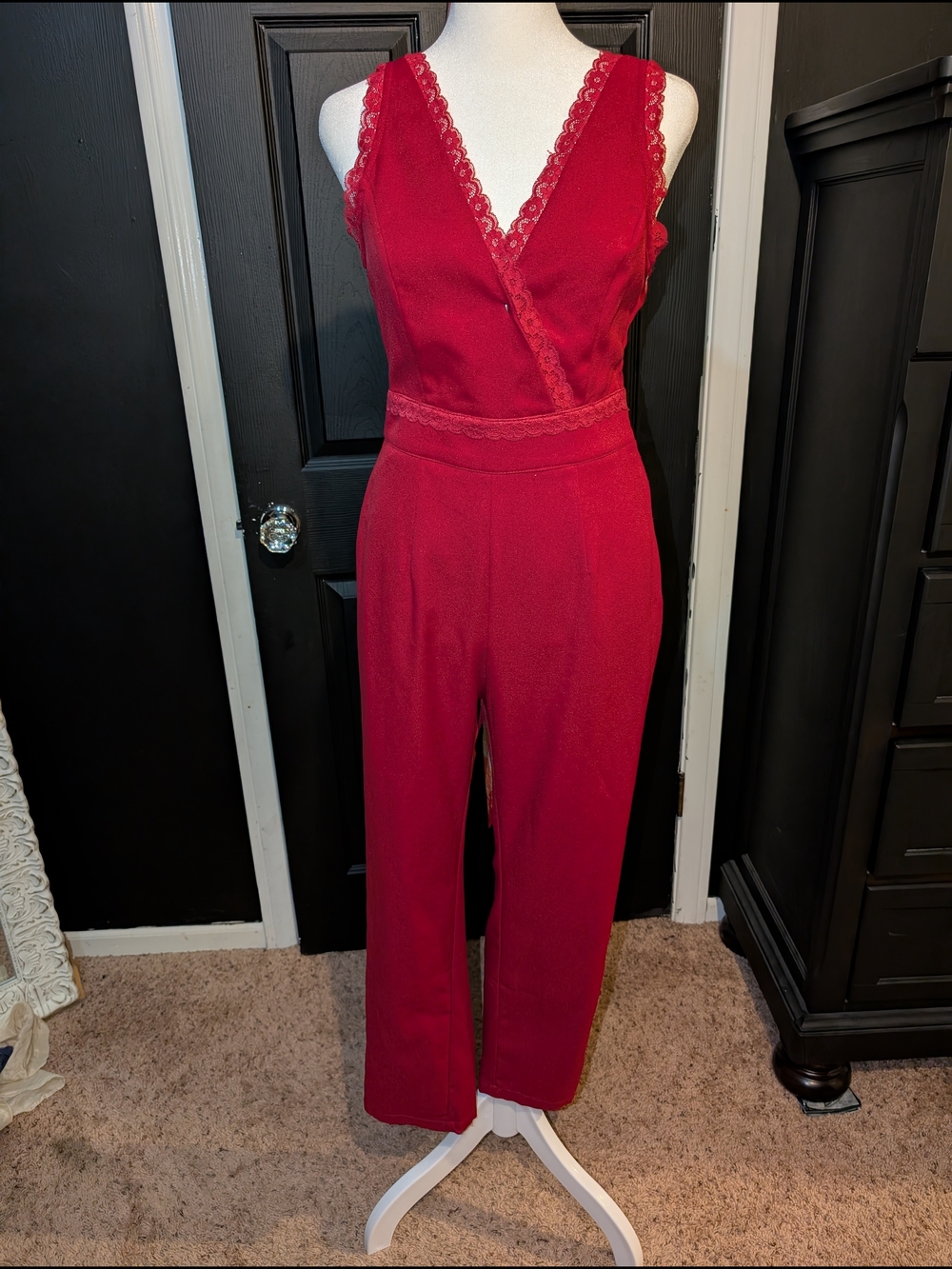 Lulu's Crimson Lace-Trim Sleeveless Jumpsuit